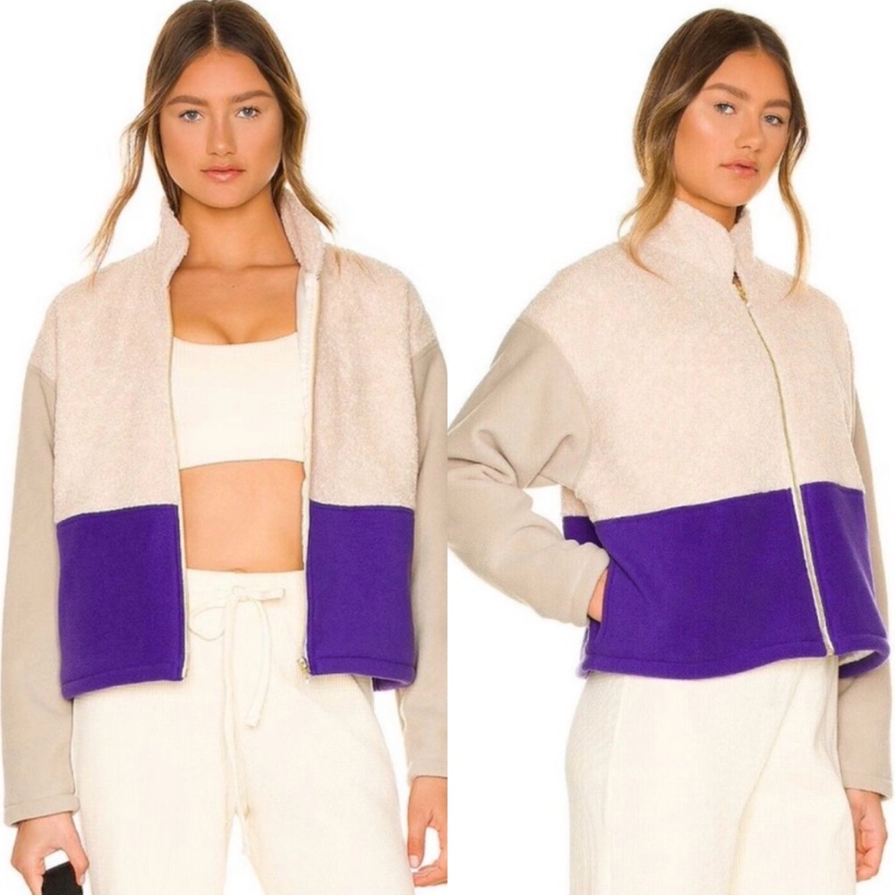 NWT DONNI. Tri Fleece Zip Jacket - Cream beige stone & Purple XS